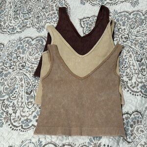 Ribbed V-Neck Tank Top Set - Brown, Cream, Tan
